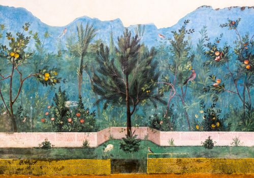 Mediterranean painting of a forest with birds, fruits, and mountains